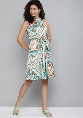 Blue And Pink Printed Satin Finish A Line Dress With Belt