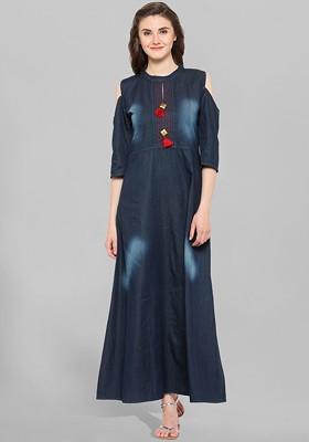 Navy Blue Cold Shoulder Sleeves A Line Denim Cotton Kurta