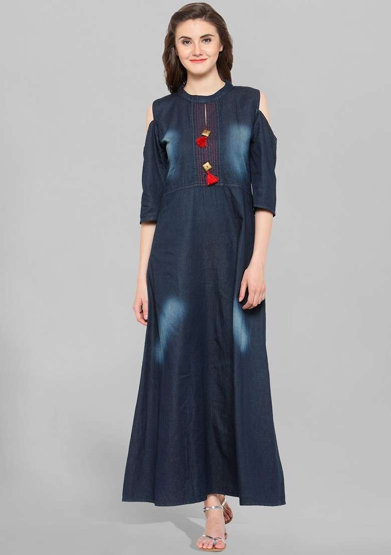 Navy Blue Solid Cotton Gown - Indya