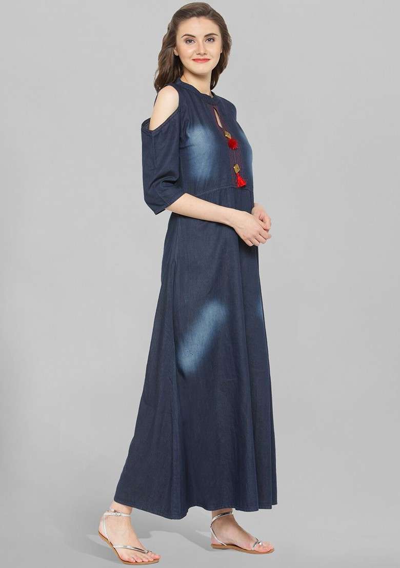 Navy Blue Solid Cotton Gown - Indya