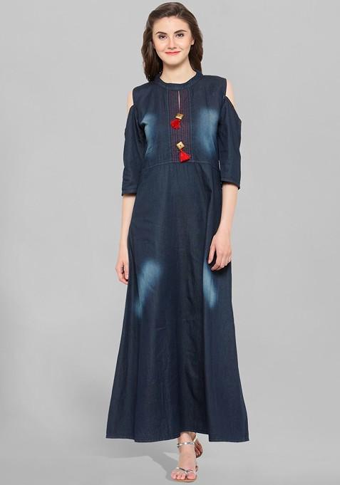 Navy Blue Cold Shoulder Sleeves A Line Denim Cotton Kurta