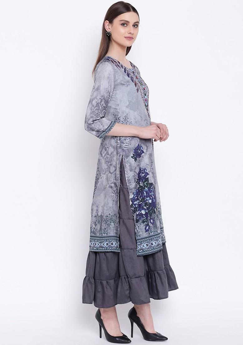 Grey Printed Ethnic Maxi Dress