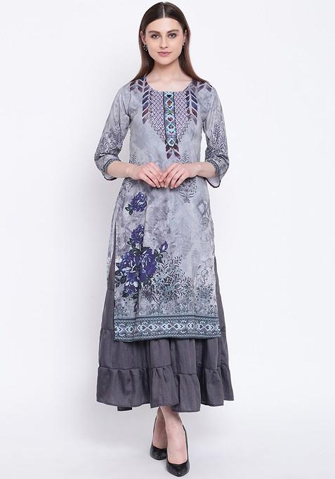 Grey Printed Ethnic Maxi Dress