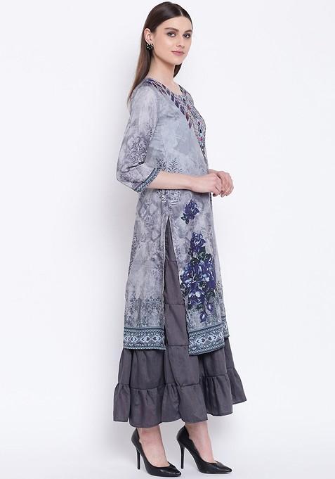 Grey Printed Ethnic Maxi Dress