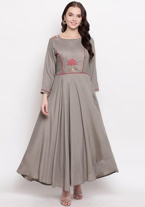 Solid Grey Embroidered Maxi Dress