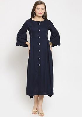 Navy Blue Solid A Line Dress
