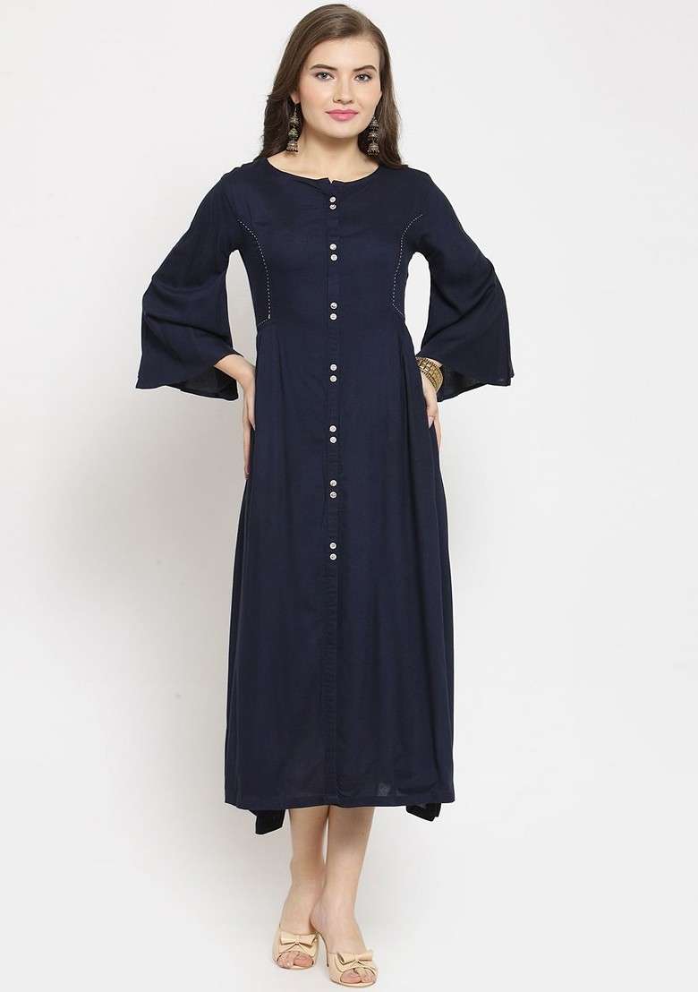 Navy Blue Solid Blended Kurta - Indya