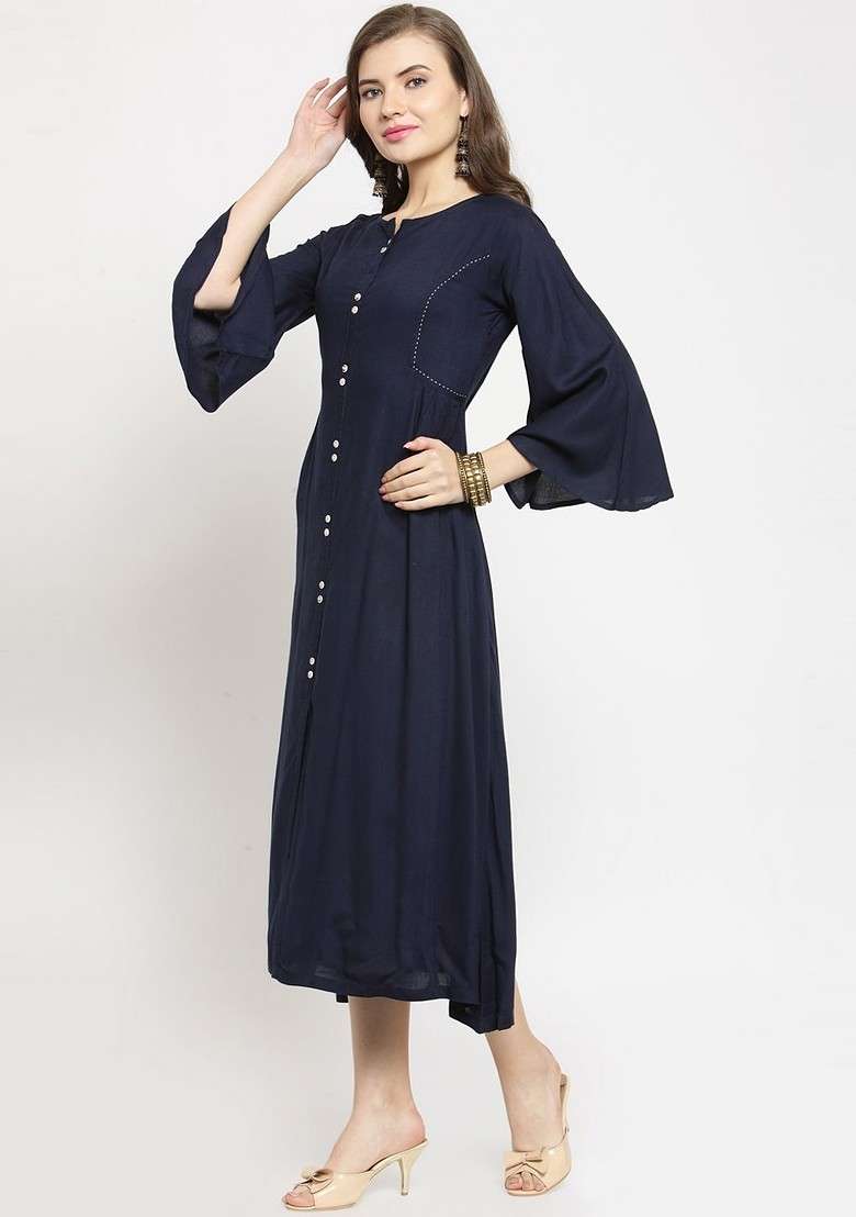 Navy Blue Solid Blended Kurta - Indya
