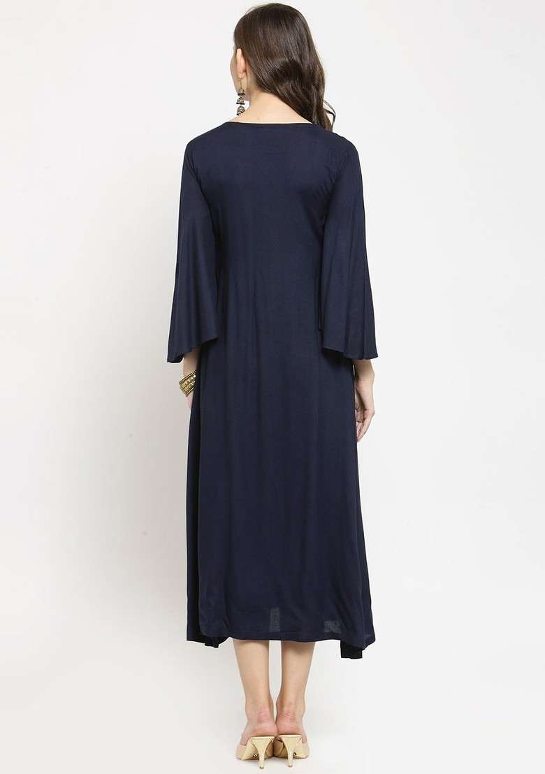 Navy Blue Solid Blended Kurta - Indya