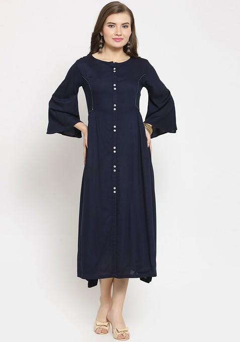Navy Blue Solid A Line Dress