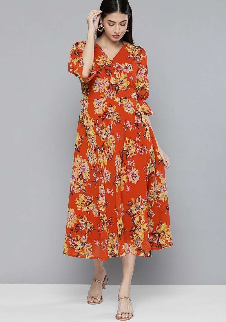 Orange Floral Georgette A Line Dress - Indya