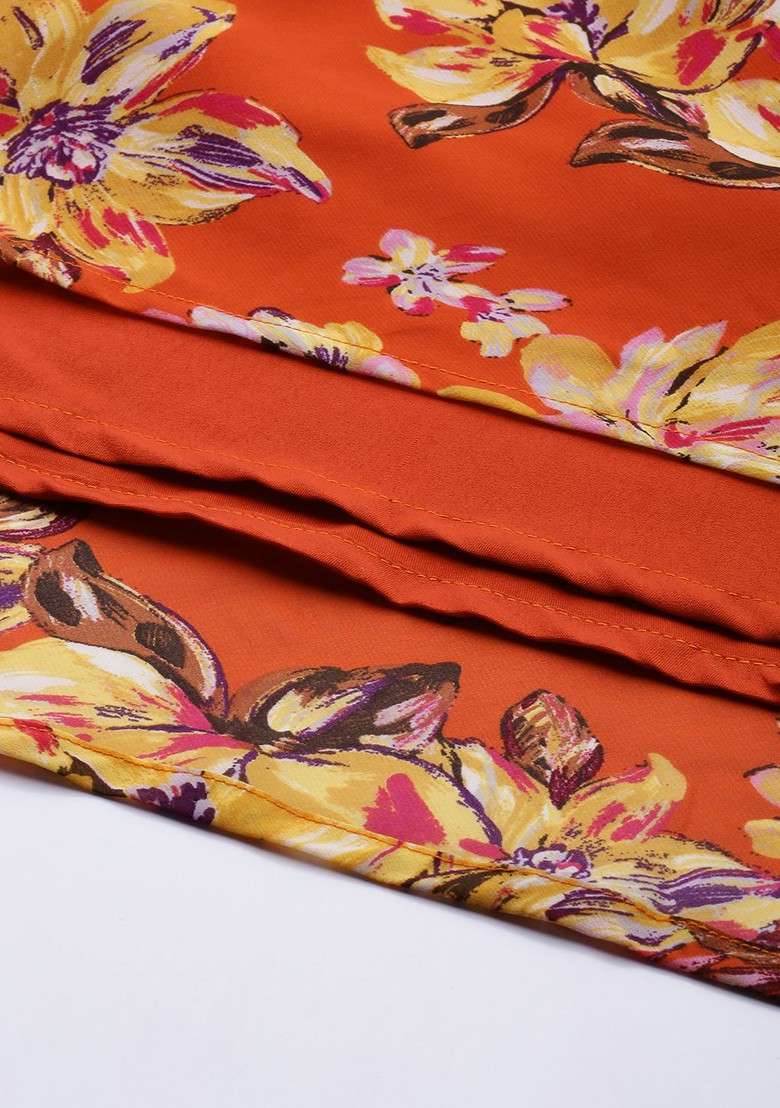 Orange Floral Georgette A Line Dress - Indya