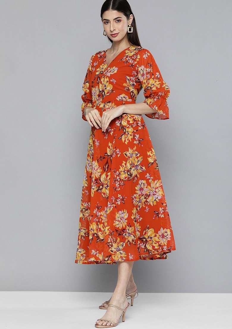 Orange Floral Georgette A Line Dress - Indya