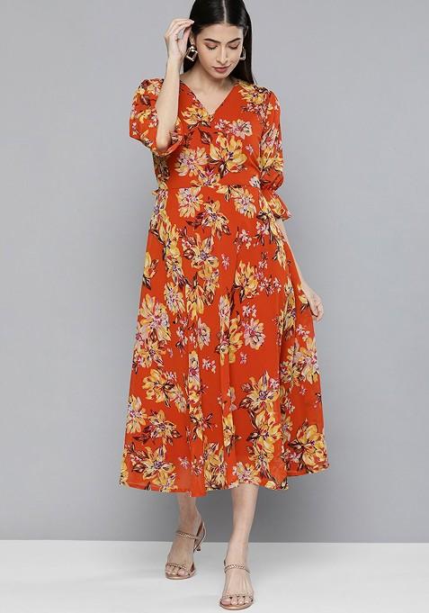 Orange Floral Georgette A Line Dress