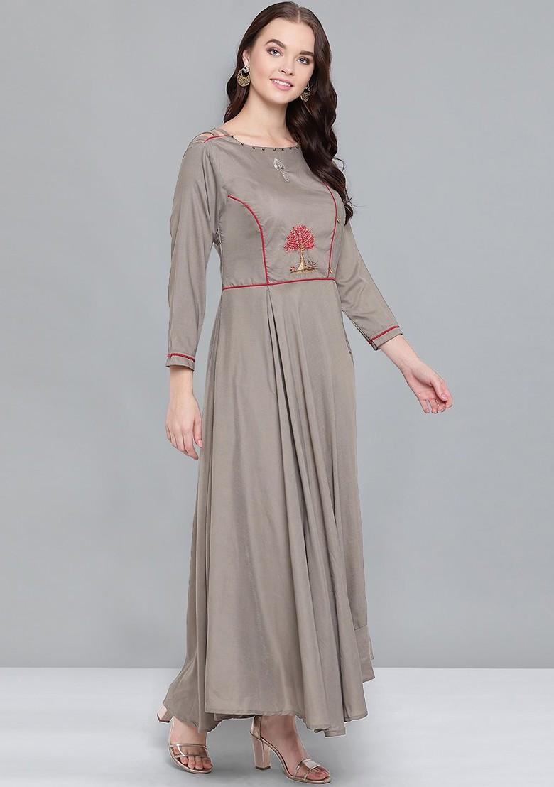 Grey And Red Ethnic Motifs Embroidered Maxi Dress