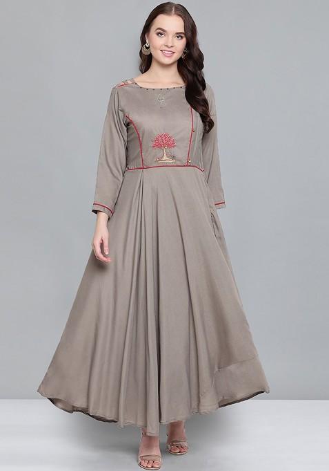 Grey And Red Ethnic Motifs Embroidered Maxi Dress