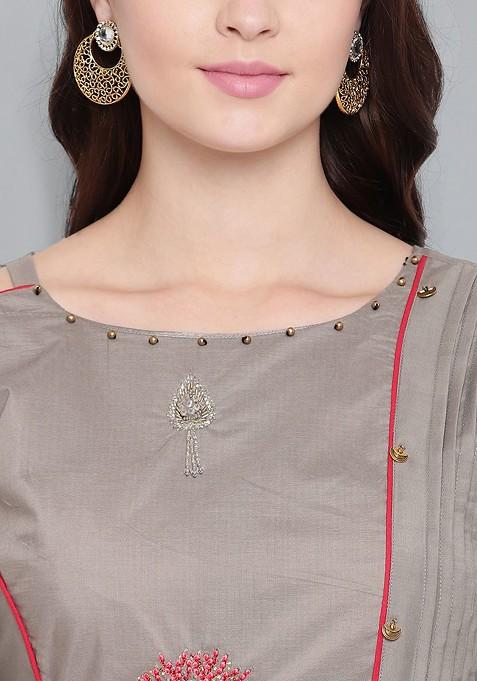 Grey And Red Ethnic Motifs Embroidered Maxi Dress