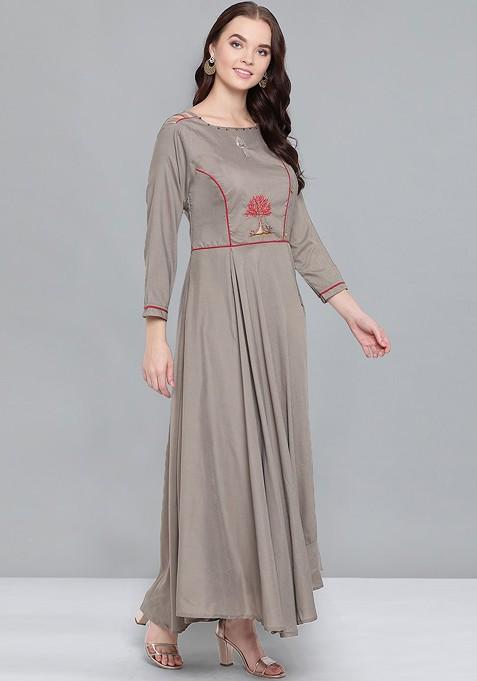 Grey And Red Ethnic Motifs Embroidered Maxi Dress