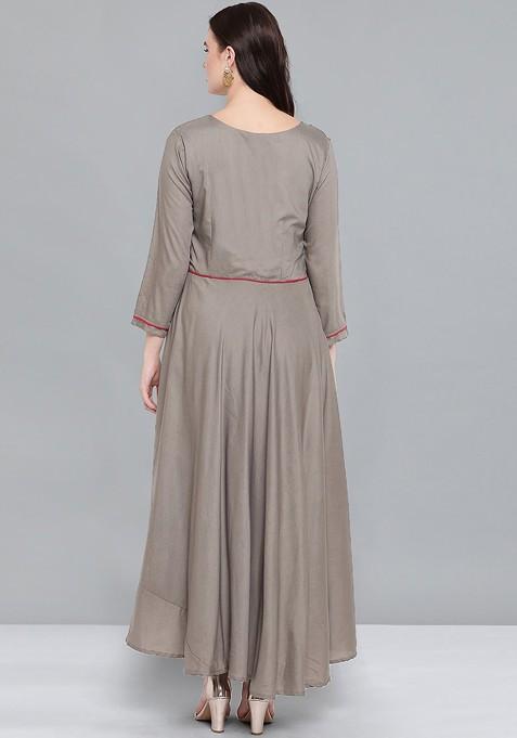 Grey And Red Ethnic Motifs Embroidered Maxi Dress