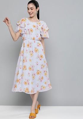Blue Floral Georgette A Line Midi Dress