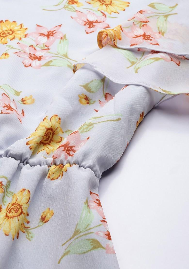 Blue Floral Georgette A Line Midi Dress