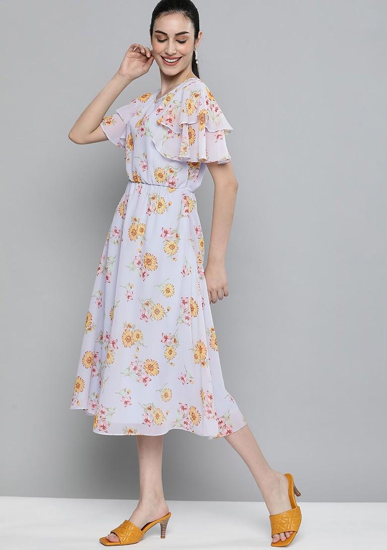 Blue Floral Georgette A Line Midi Dress