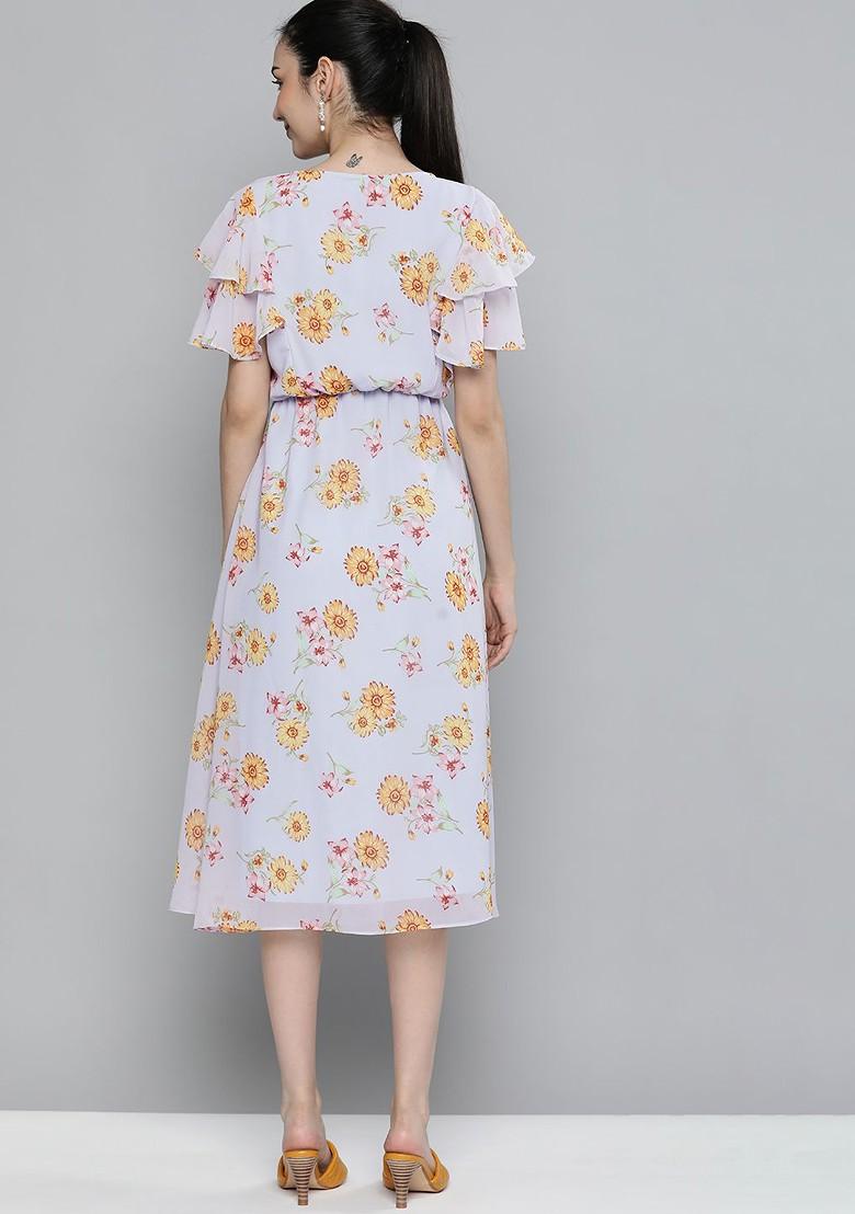 Blue Floral Georgette A Line Midi Dress