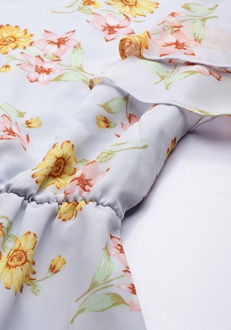 Blue Floral Georgette A Line Midi Dress