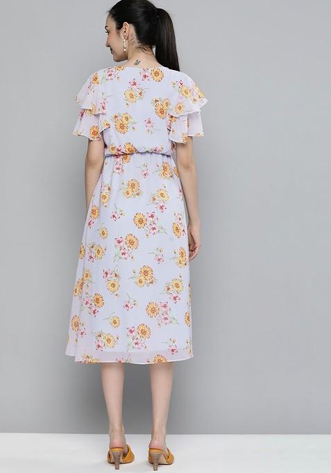 Blue Floral Georgette A Line Midi Dress