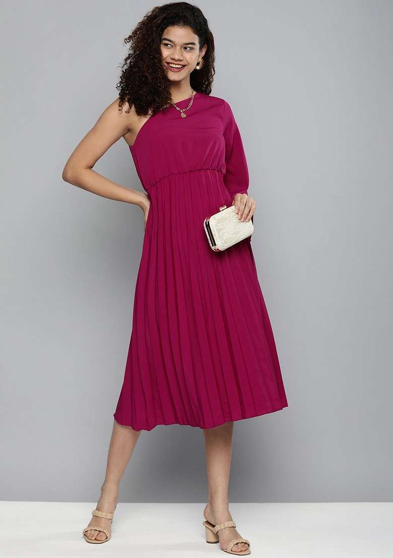 Magenta Solid Accordion Pleats One Shoulder Crepe A Line Dress - Indya