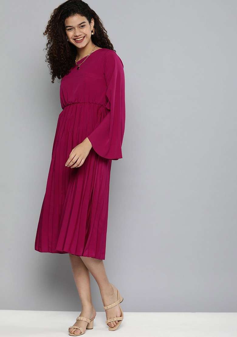 Magenta Solid Accordion Pleats One Shoulder Crepe A Line Dress - Indya
