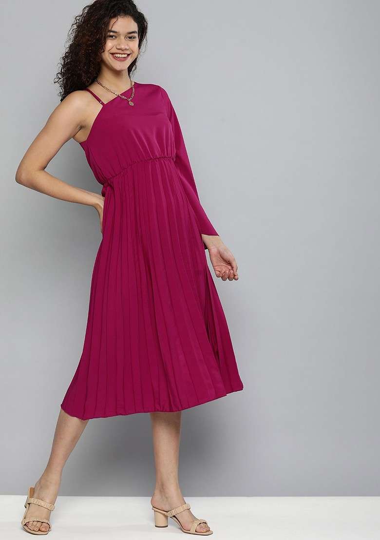 Magenta Solid Accordion Pleats One Shoulder Crepe A Line Dress - Indya