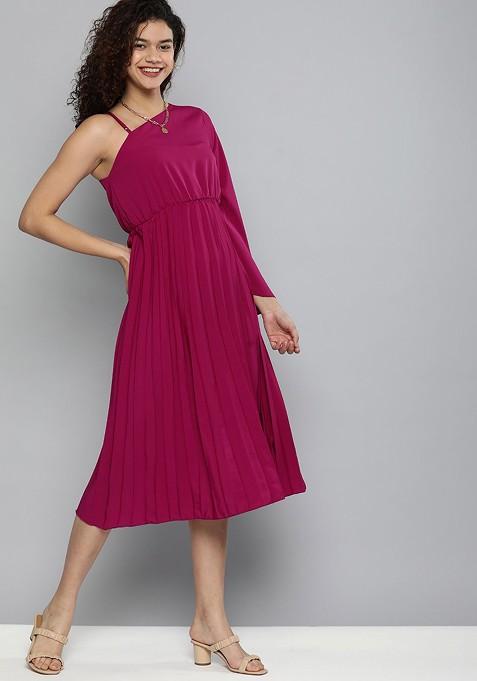 Magenta Solid Accordion Pleats One Shoulder Crepe A Line Dress