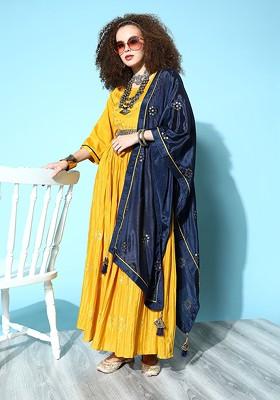 Mustard Yellow And Navy Blue Floral Embroidered Ethnic A Line Maxi Dress With Dupatta