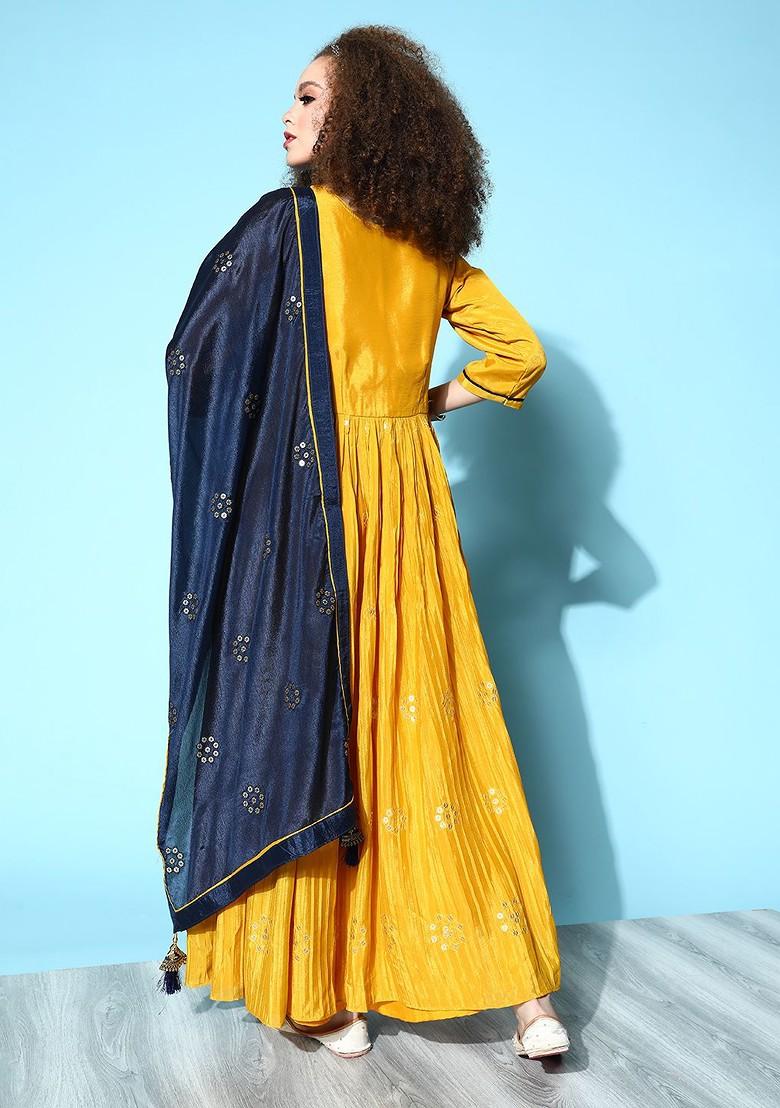 Mustard Yellow And Navy Blue Floral Embroidered Ethnic A Line Maxi Dress With Dupatta