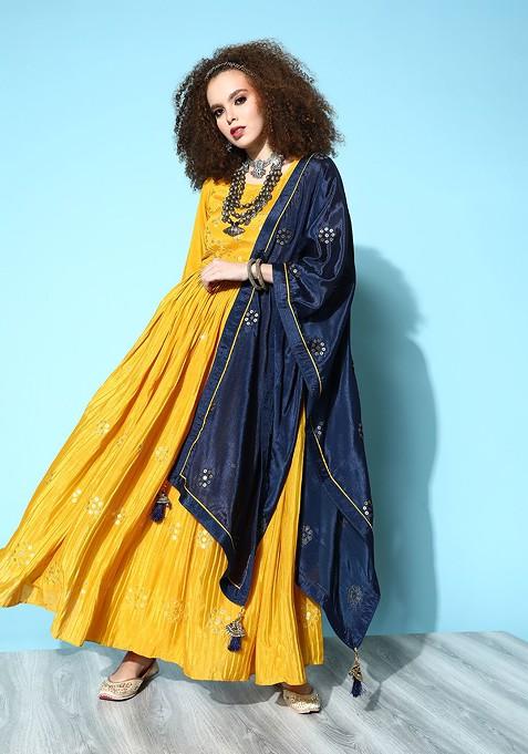 Mustard Yellow And Navy Blue Floral Embroidered Ethnic A Line Maxi Dress With Dupatta