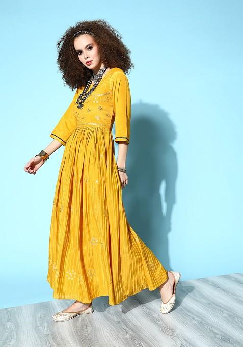 Mustard Yellow And Navy Blue Floral Embroidered Ethnic A Line Maxi Dress With Dupatta