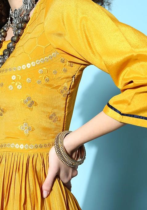 Mustard Yellow And Navy Blue Floral Embroidered Ethnic A Line Maxi Dress With Dupatta