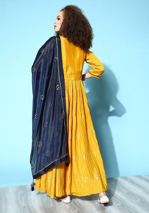 Mustard Yellow And Navy Blue Floral Embroidered Ethnic A Line Maxi Dress With Dupatta