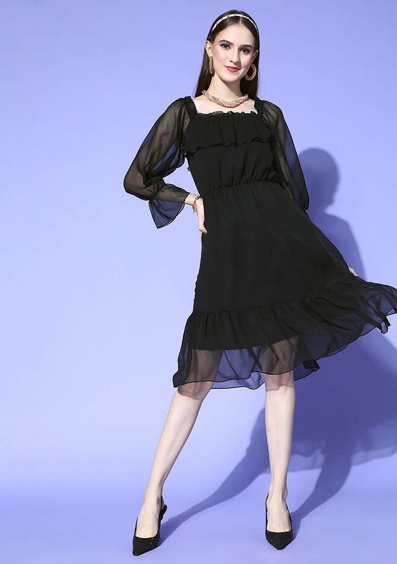 Black Solid Poly Blend Dress - Indya