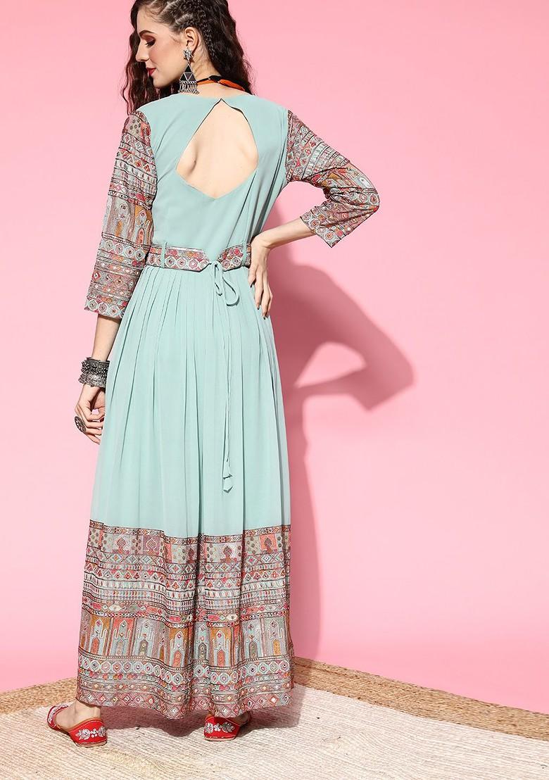 Turquoise Blue Ethnic Motifs Gown