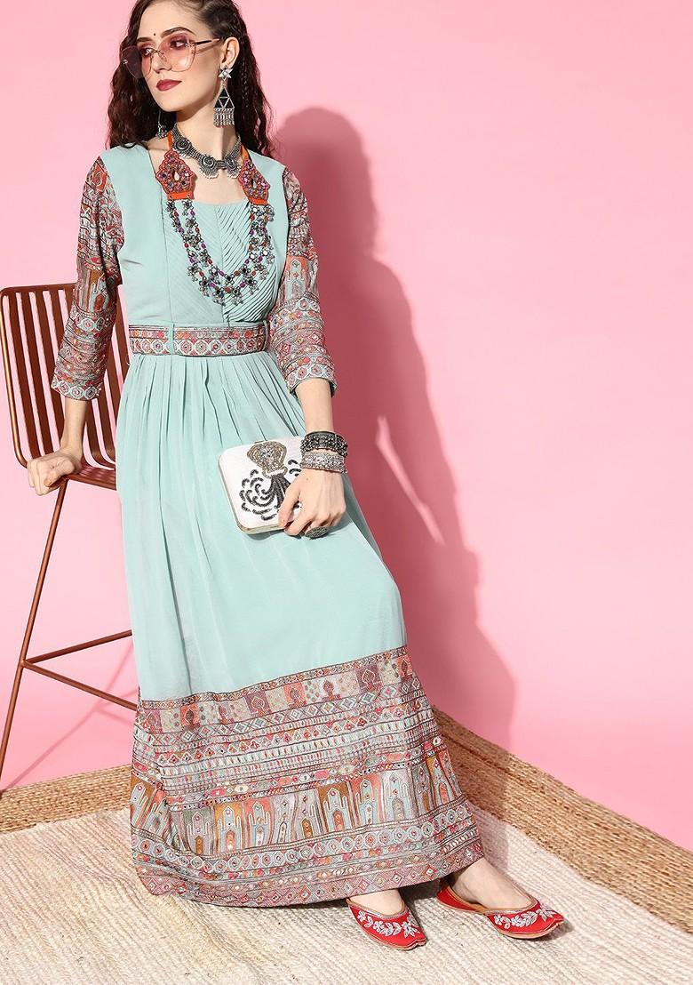 Turquoise Blue Ethnic Motifs Gown