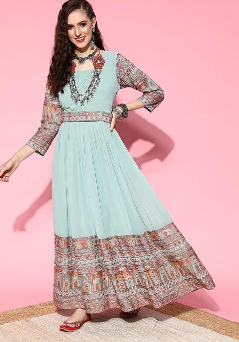 Turquoise Blue Ethnic Motifs Gown