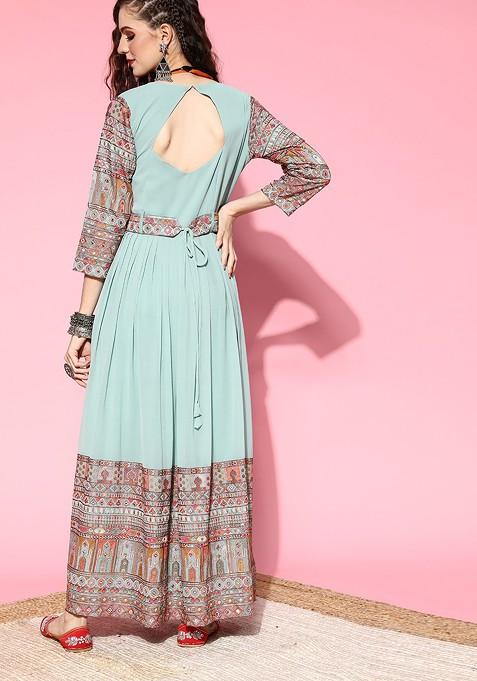 Turquoise Blue Ethnic Motifs Gown