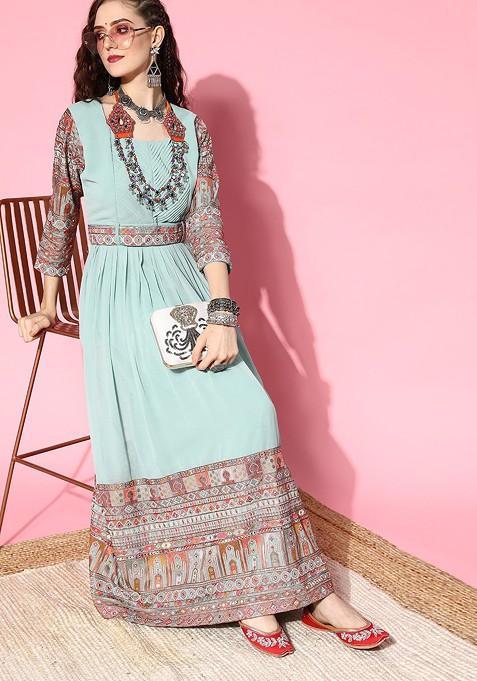 Turquoise Blue Ethnic Motifs Gown