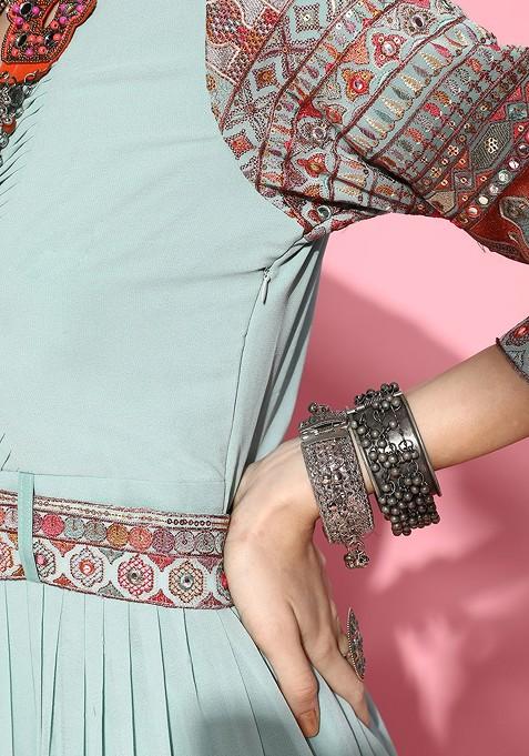 Turquoise Blue Ethnic Motifs Gown