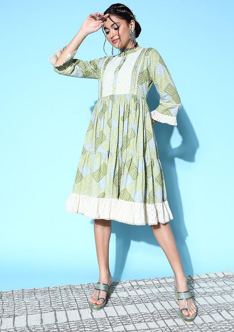 Green And White Bandhej Print Embroidered A Line Midi Dress