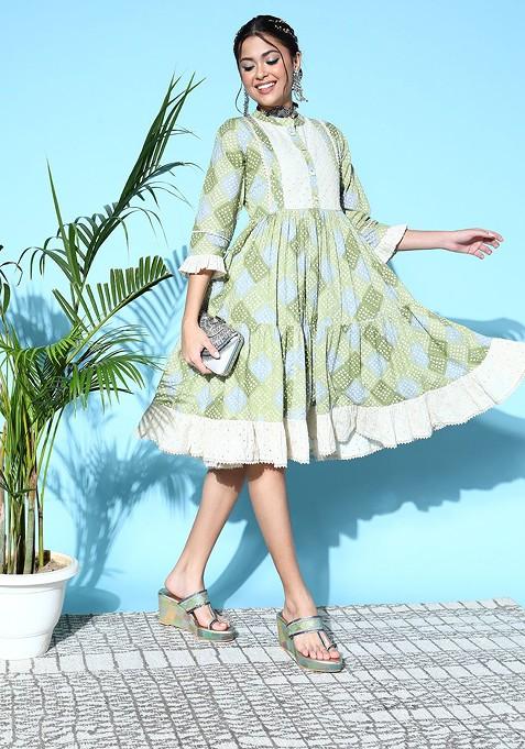 Green And White Bandhej Print Embroidered A Line Midi Dress