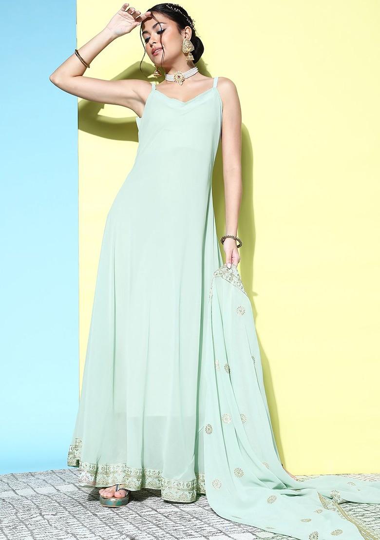 Mint Green Zari Sequin Embroidered Gown With Dupatta
