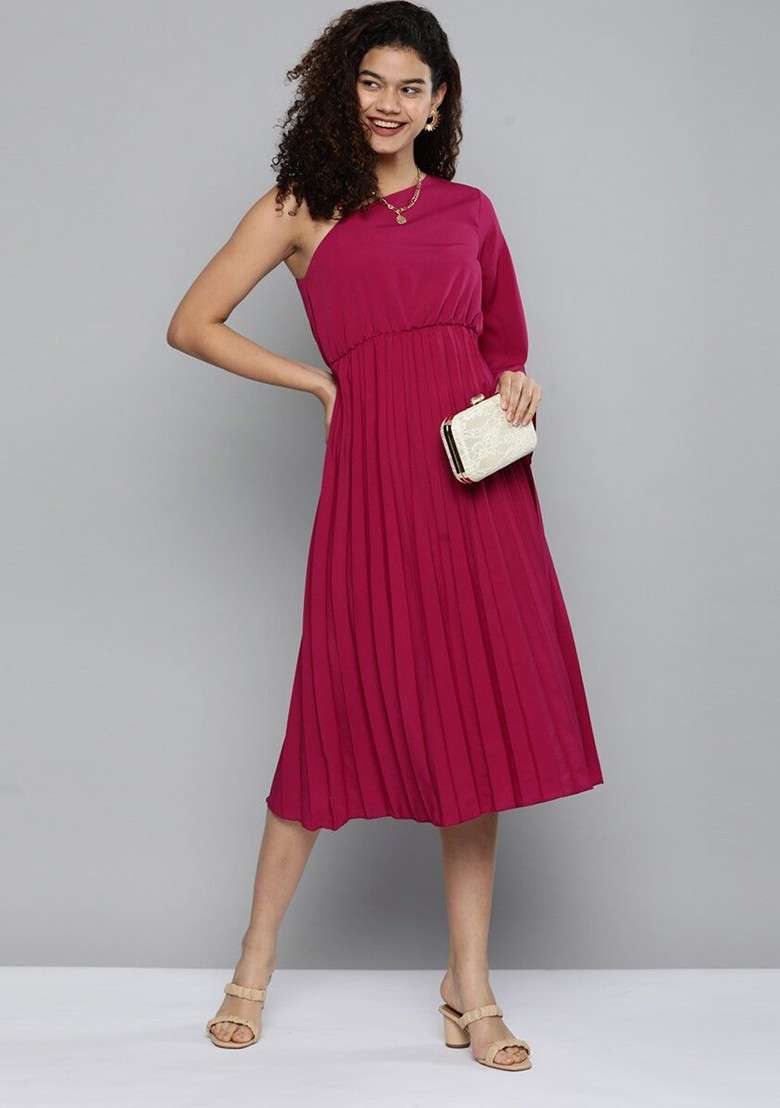 Magenta One Shoulder Crepe Solid Midi Dress - Indya